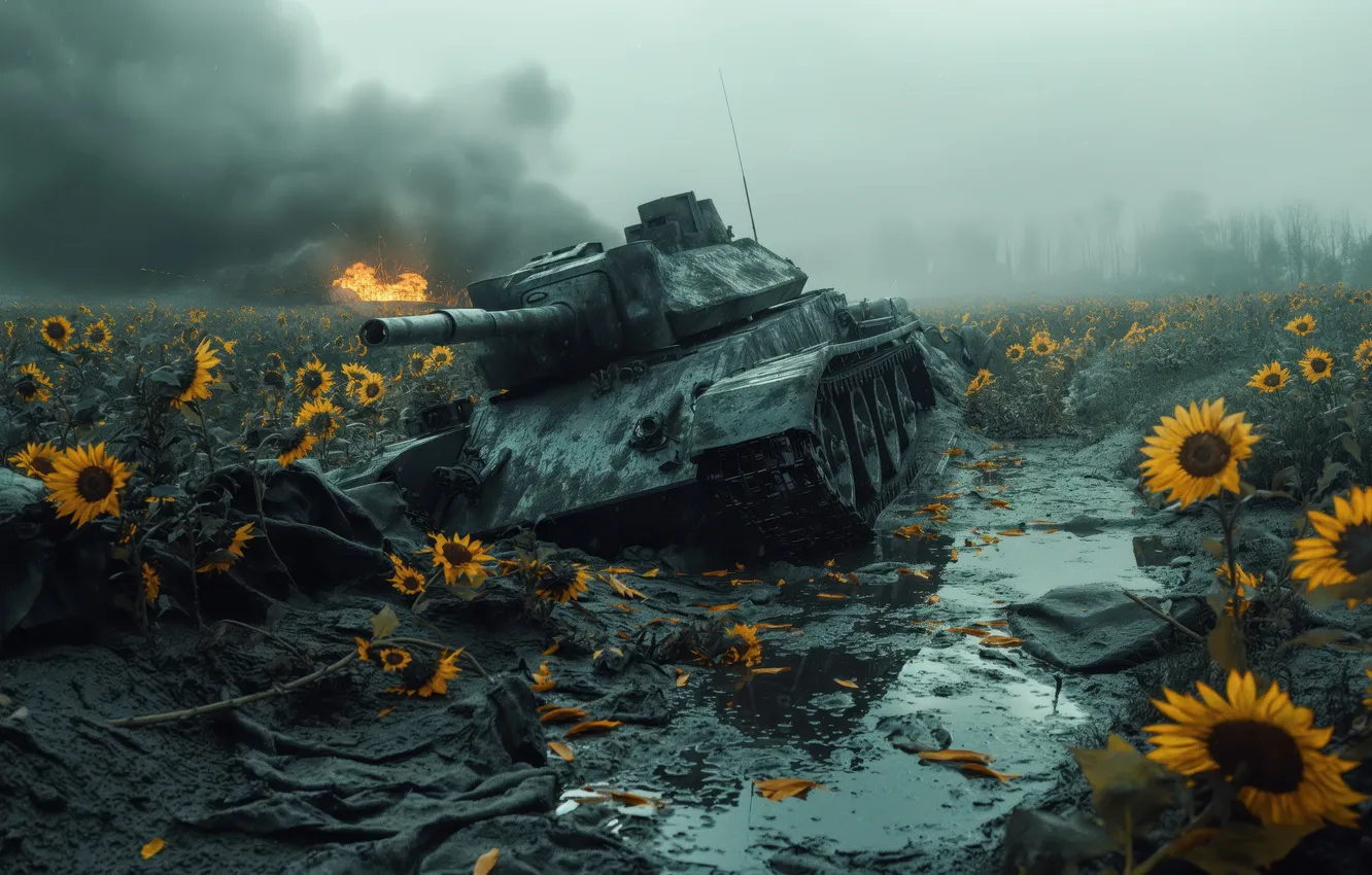 Photo wallpaper field, sunflowers, puddle, dirt, tank, digital art, AI art, The Art of Artificial Intelligence