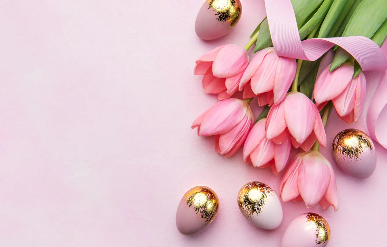 Photo wallpaper flowers, eggs, spring, Easter, tulips, pink, flowers, tulips