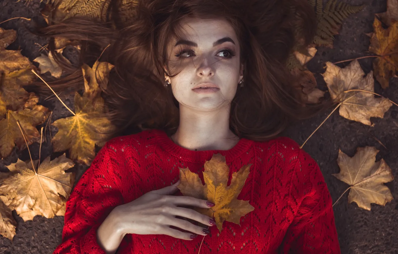 Photo wallpaper autumn, leaves, girl, face, foliage, model, hair, sweater
