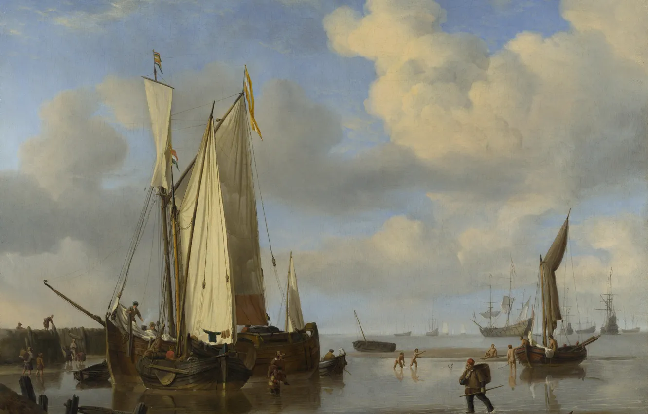 Photo wallpaper ship, picture, sail, Willem van de Velde the Younger, Dutch Vessels Inshore and Men Bathing, …