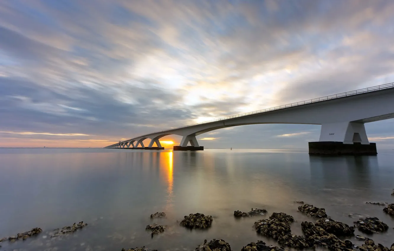 Photo wallpaper sunset, bridge, nature
