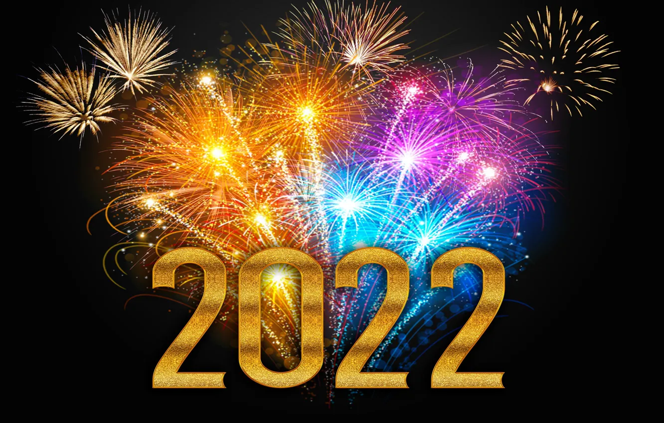 Photo wallpaper gold, new year, salute, colorful, figures, golden, black background, New Year