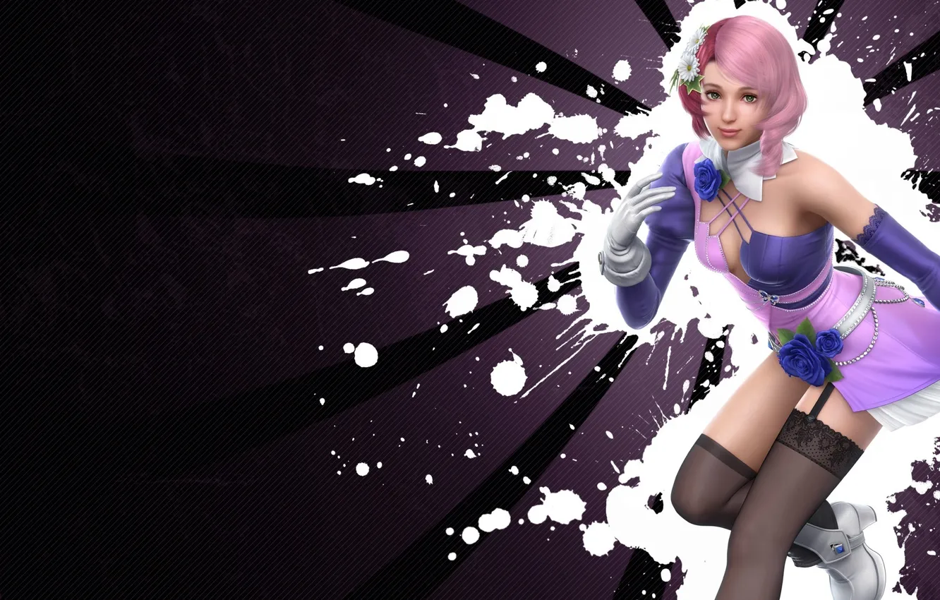 Photo wallpaper look, girl, flowers, face, pose, background, stockings, dress