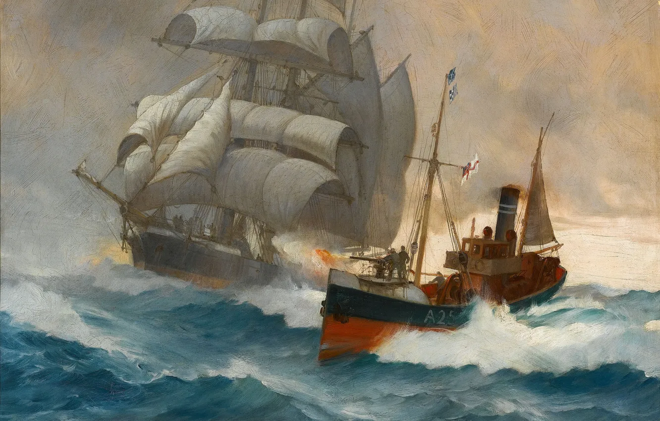 Photo wallpaper sea, wave, ship, sailboat, Montague Dawson, Boat, Clipper, clipper