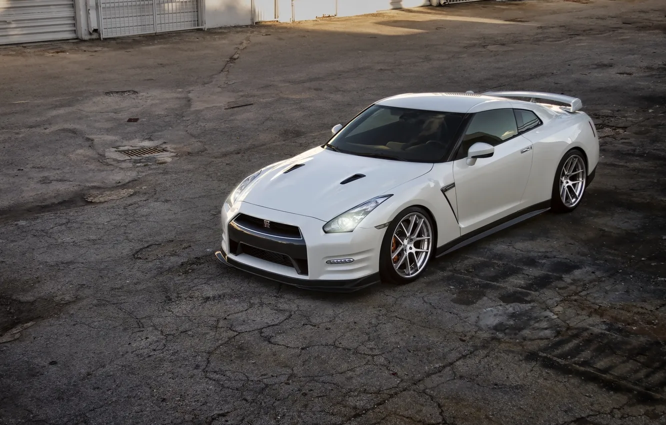 Photo wallpaper white, reflection, GTR, Nissan, white, front view, Nissan, headlights