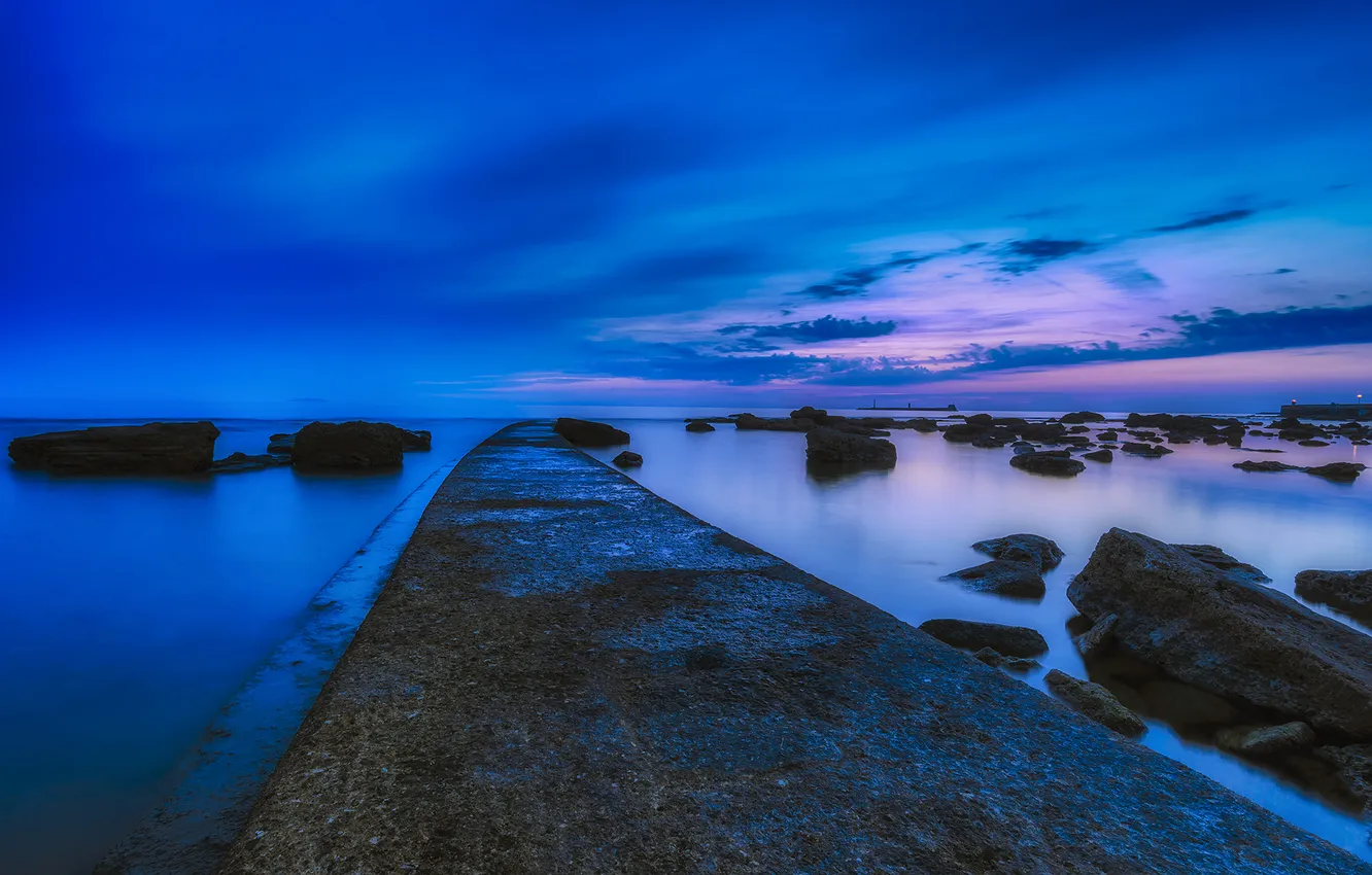 Photo wallpaper rock, sea, sunset, night