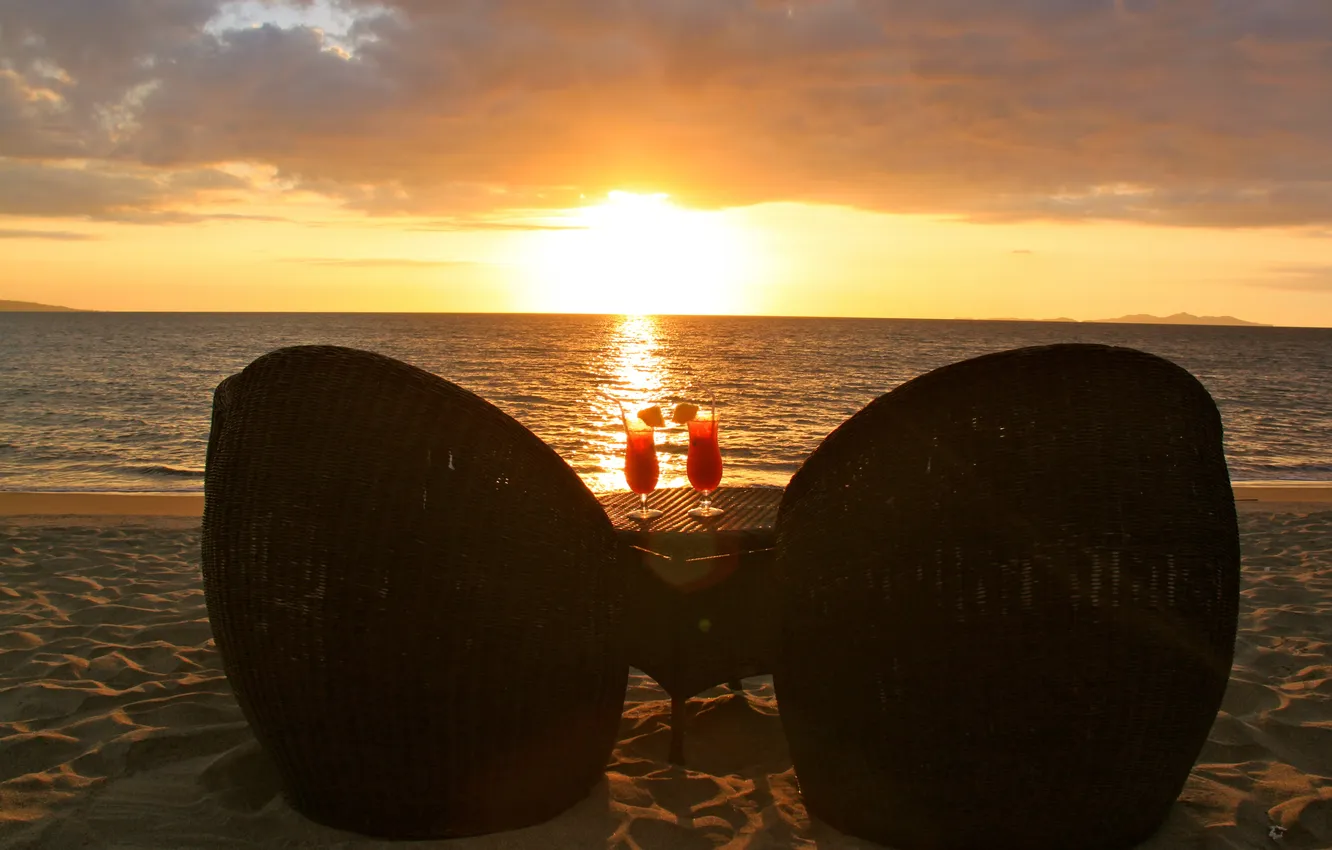 Photo wallpaper sunset, the ocean, chair, the evening, table