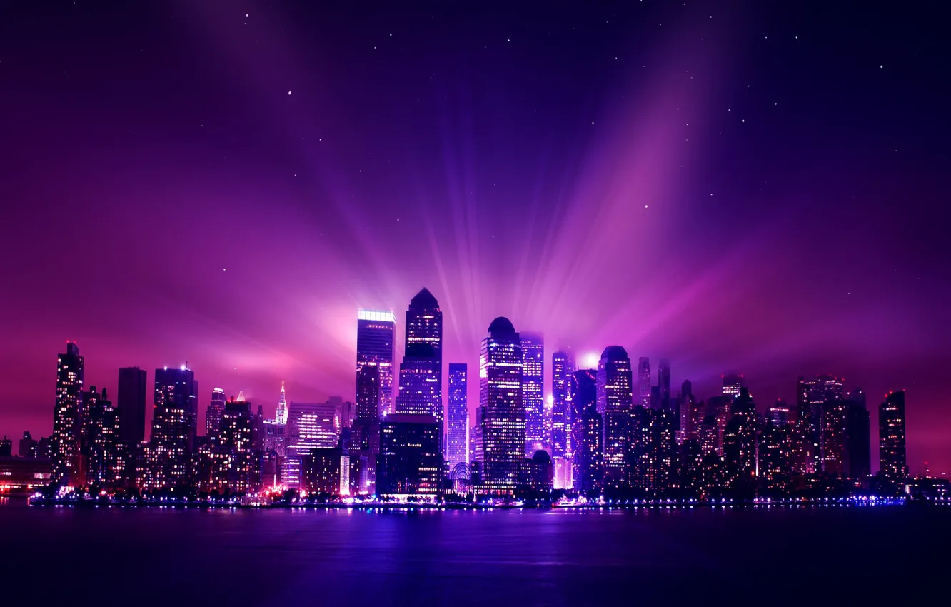 Photo wallpaper city, aurora, USA, night, new york, stars, purple, night city