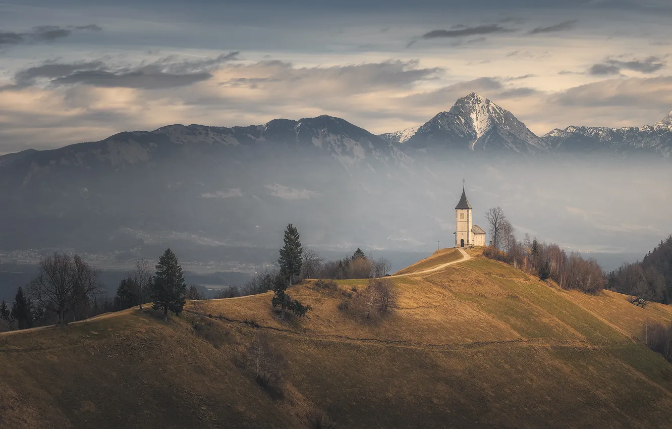 Photo wallpaper mountains, slovenia, church, Fade Away