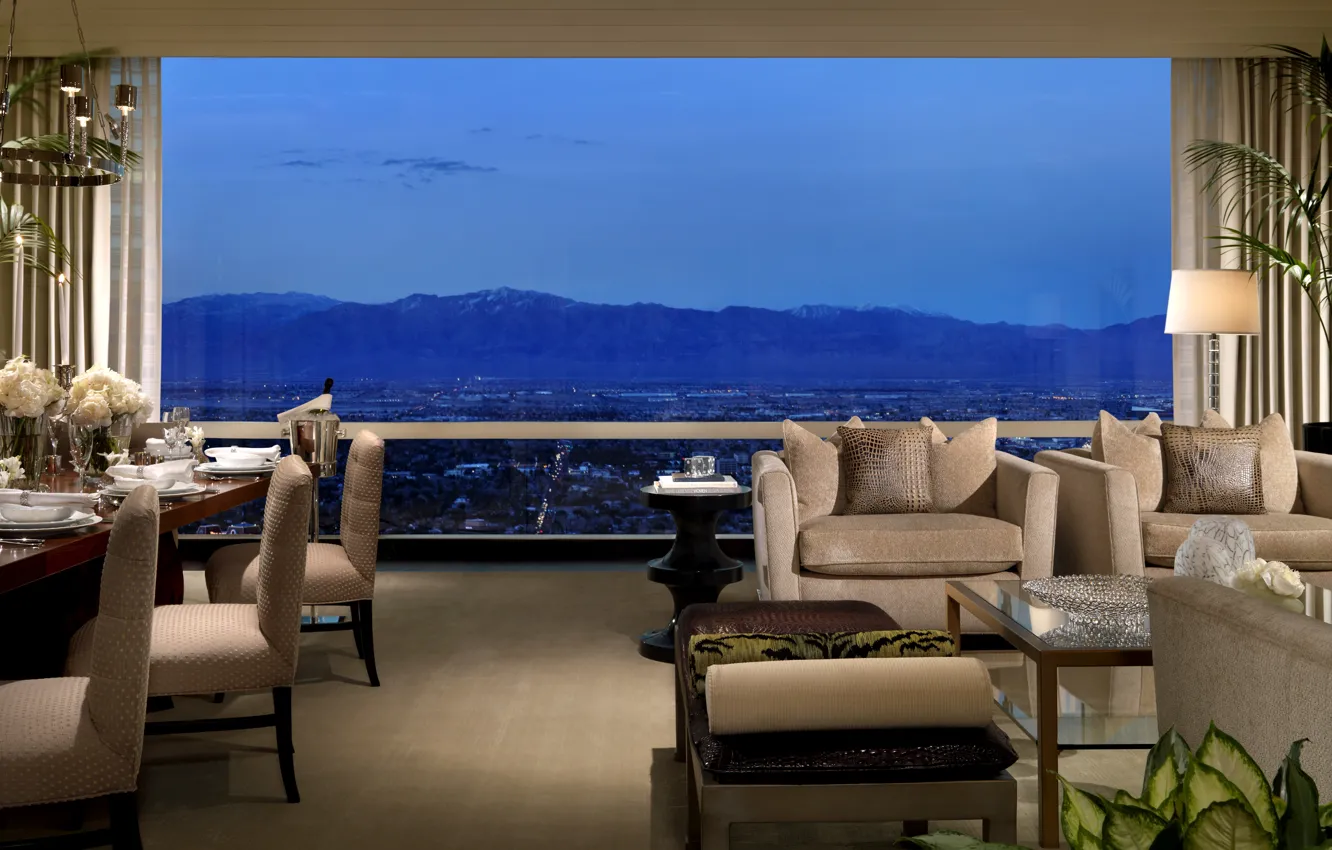 Photo wallpaper landscape, mountains, table, Wallpaper, window, the hotel, Interior, wallpapers