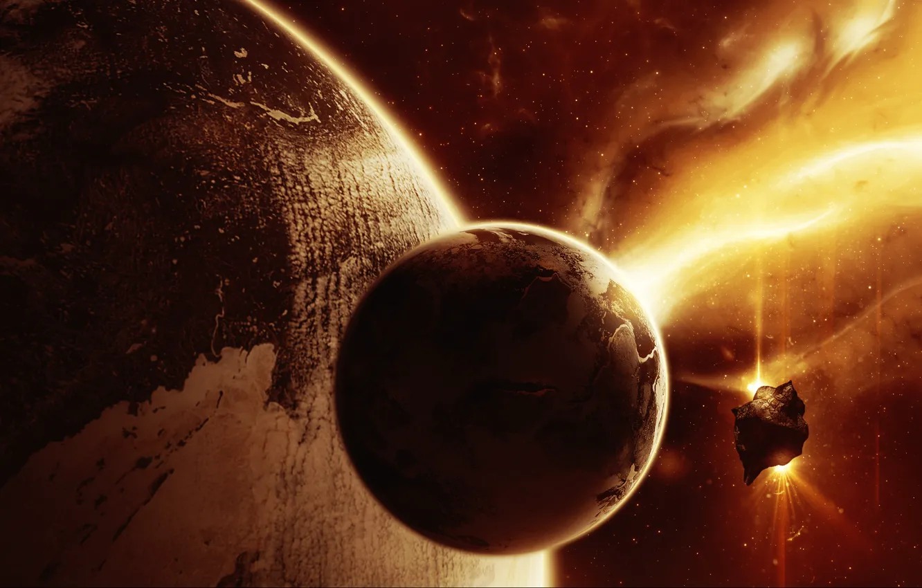 Photo wallpaper space, fire, planet, Object