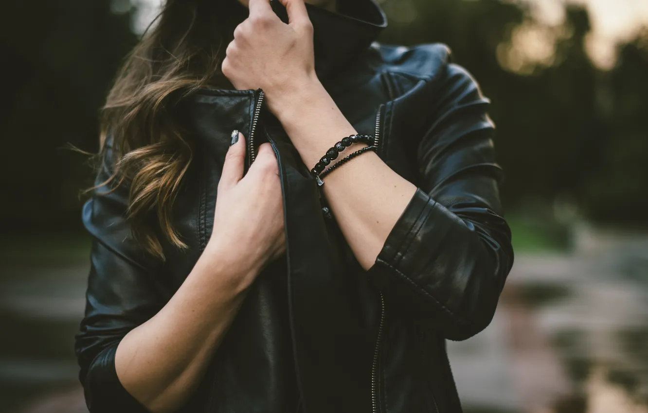 Photo wallpaper black, hands, jacket, bracelet, kozhanka