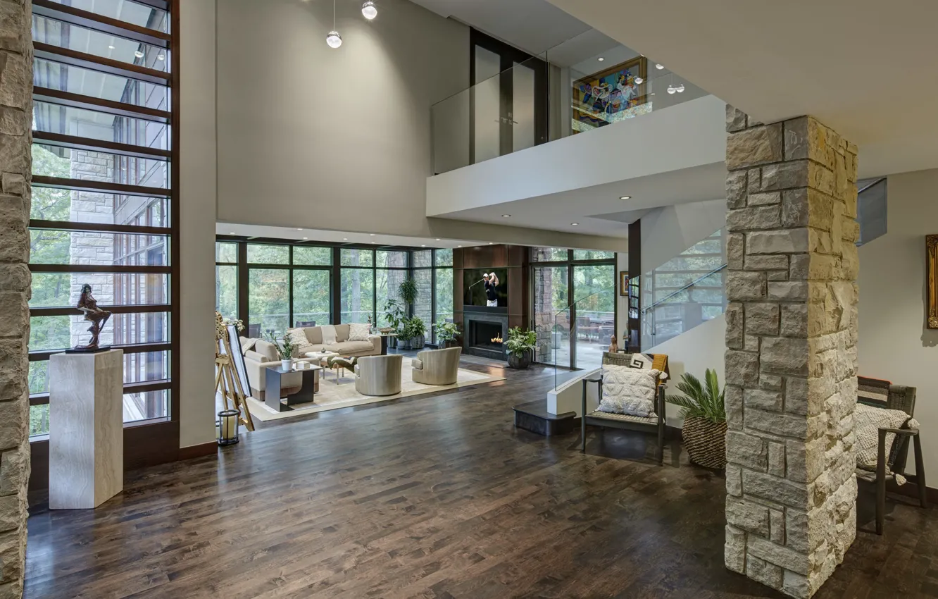 Photo wallpaper space, Villa, interior, living room, hall, the lobby, two levels, by DesRosiers Wanczyk