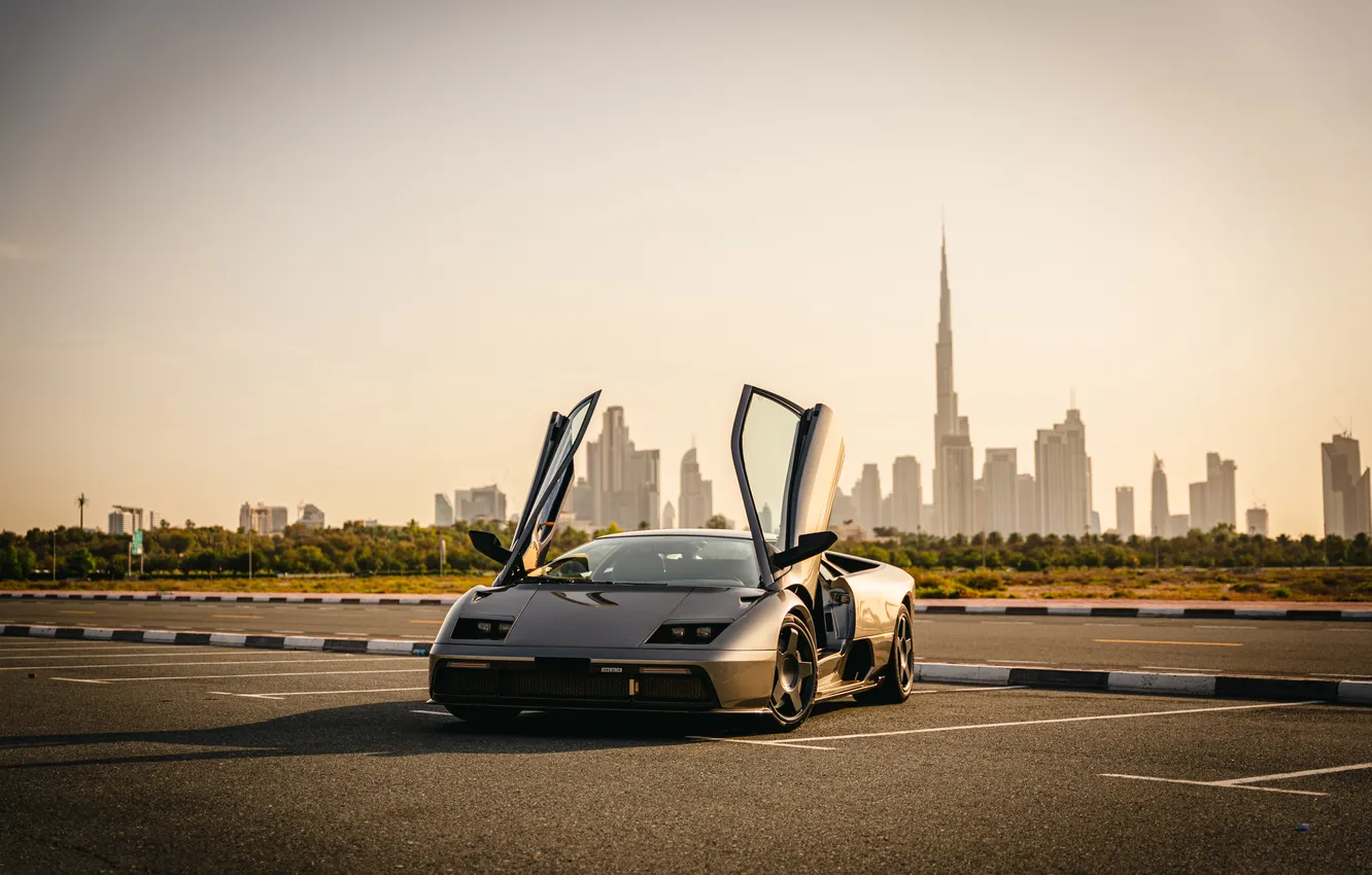 Photo wallpaper Lamborghini, City, Front, Grey, Parking, Sight, Lamborghini Diablo, 2023