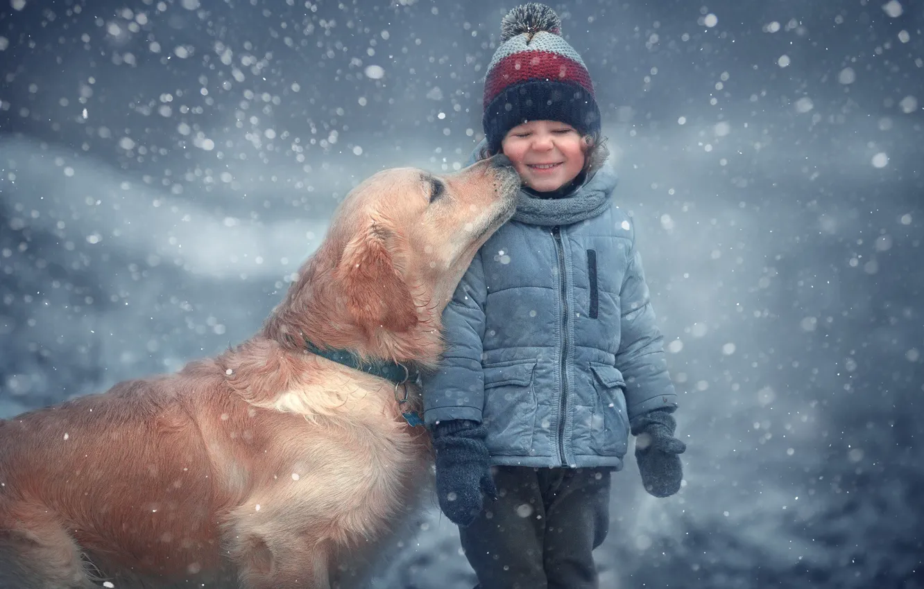 Photo wallpaper winter, snow, children, animal, dog, dog, Marianne Smolin