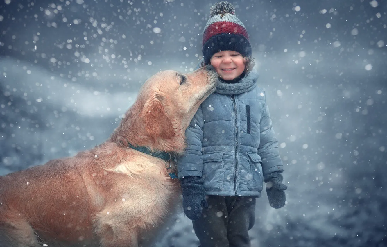 Photo wallpaper winter, snow, animal, dog, child, dog, Marianne Smolin