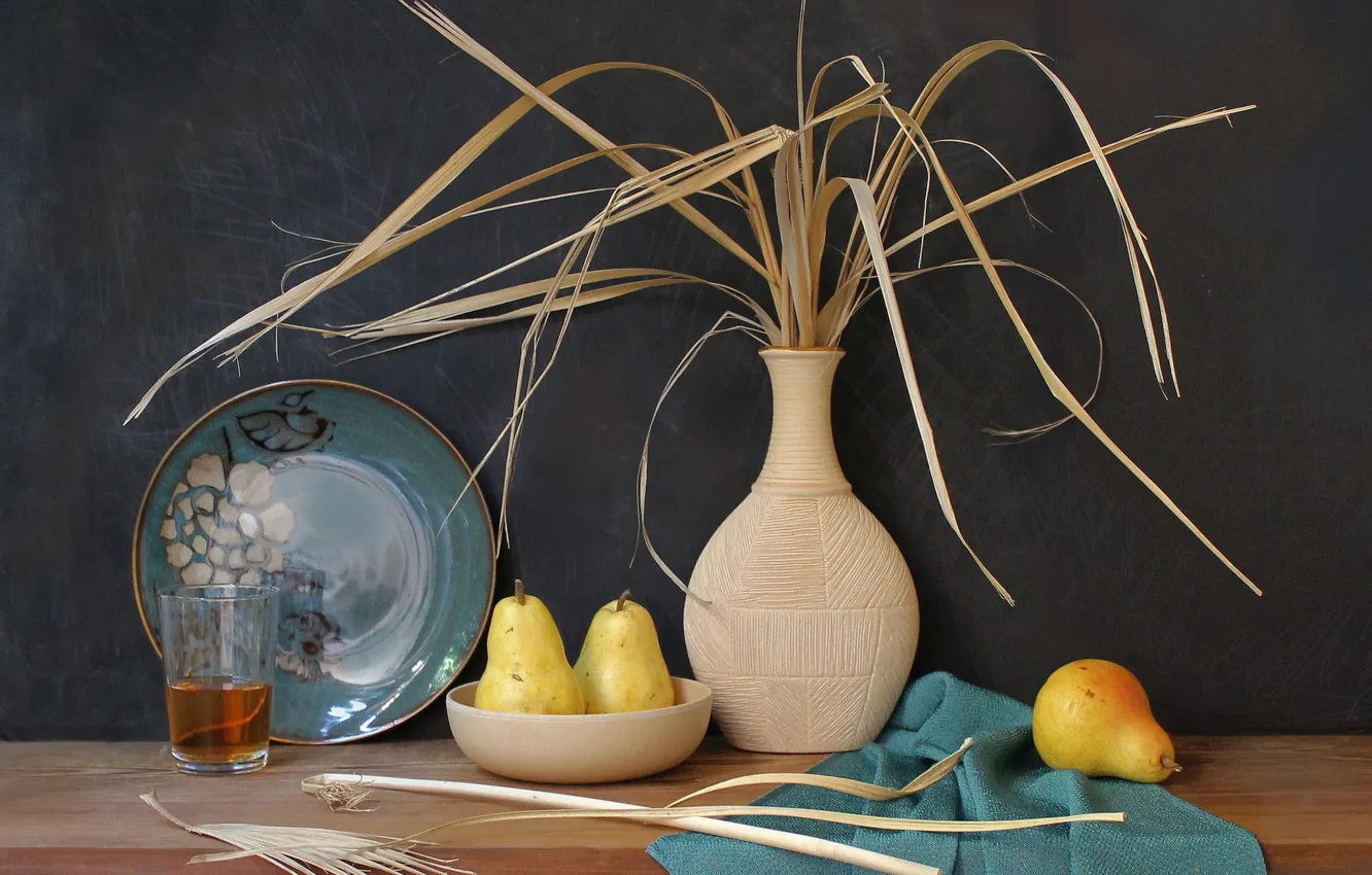 Photo wallpaper glass, plate, vase, fruit, still life, pear