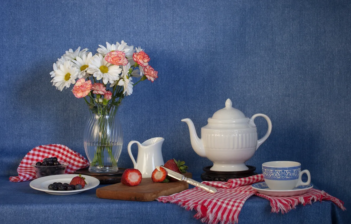 Photo wallpaper flowers, berries, bouquet, kettle, strawberry, knife, Cup, still life