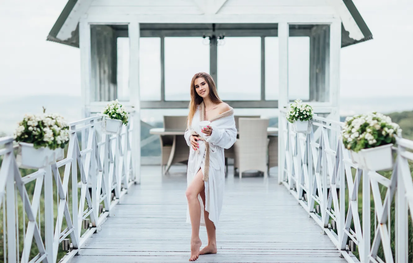 Photo wallpaper girl, sea, young, morning, portrait