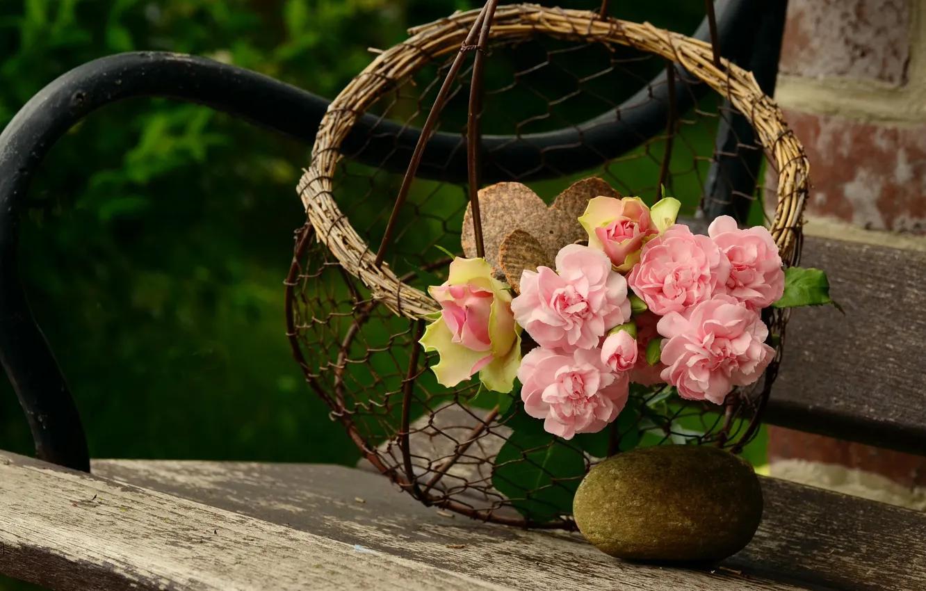 Photo wallpaper bench, basket, roses, pink