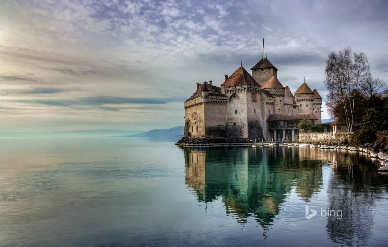 Photo wallpaper the sky, water, trees, landscape, Switzerland, Lake Geneva, Chillon castle