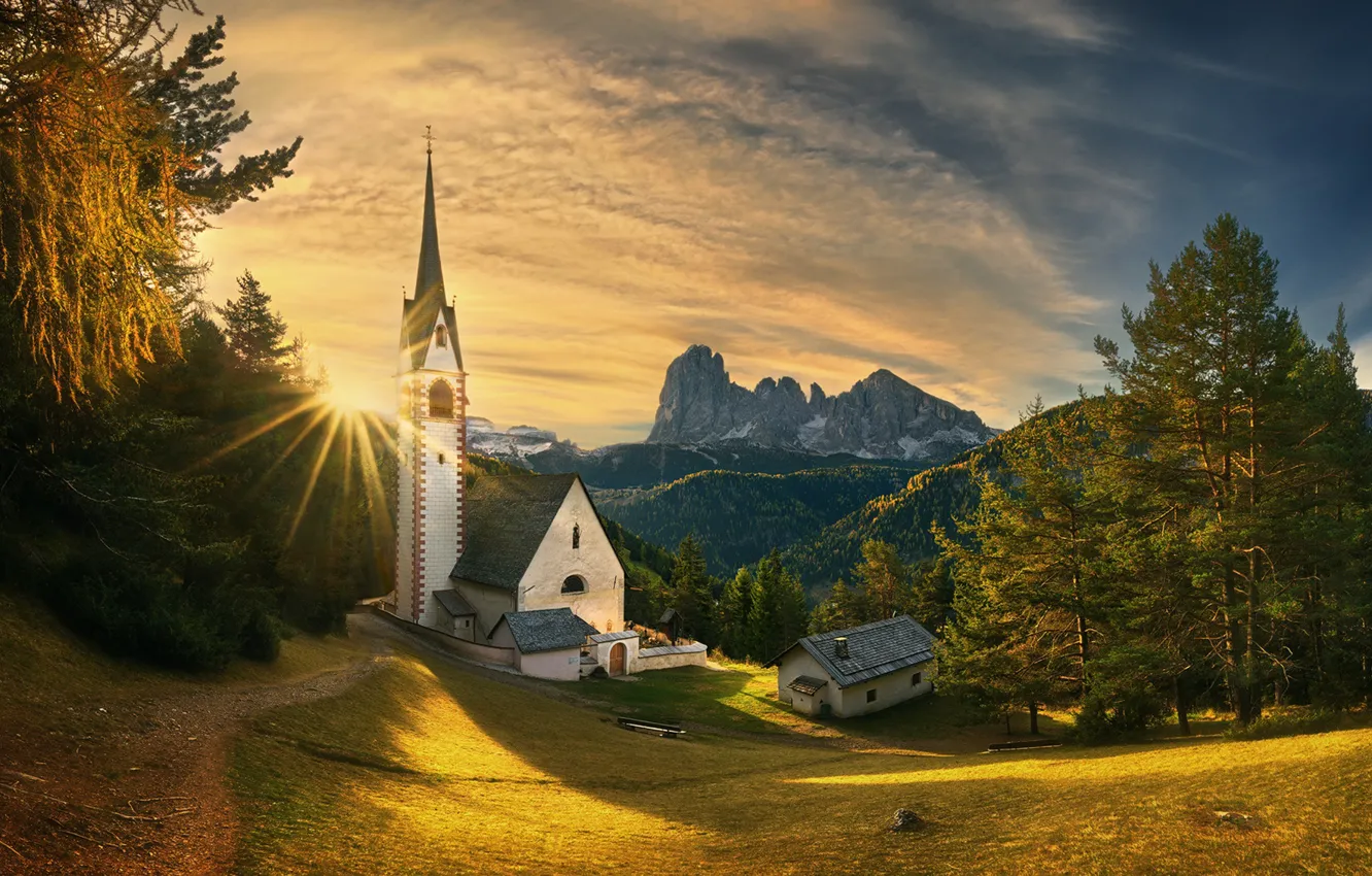 Photo wallpaper trees, sunset, mountains, Italy, Church, Italy, The Dolomites, South Tyrol