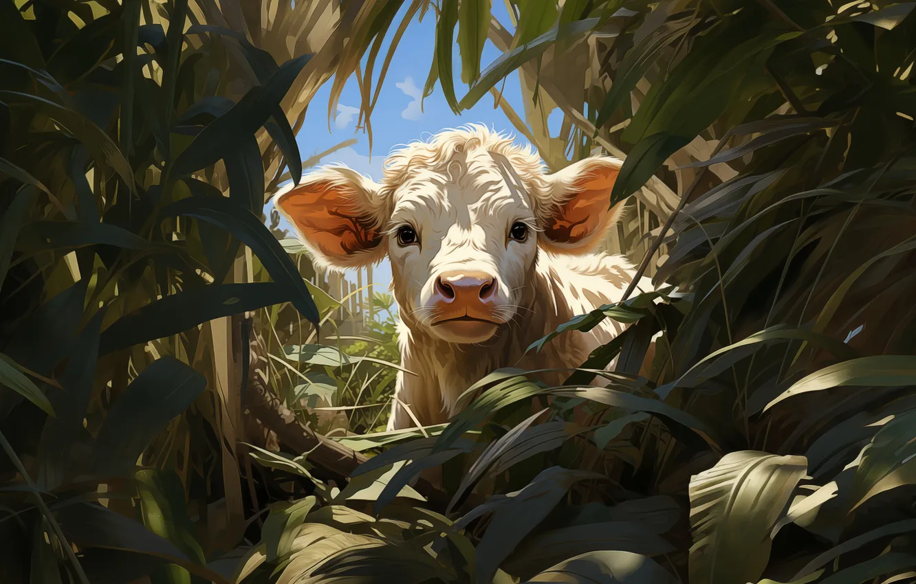 Photo wallpaper grass, face, digital art, calf, bull, AI art, The Art of Artificial Intelligence, neural network