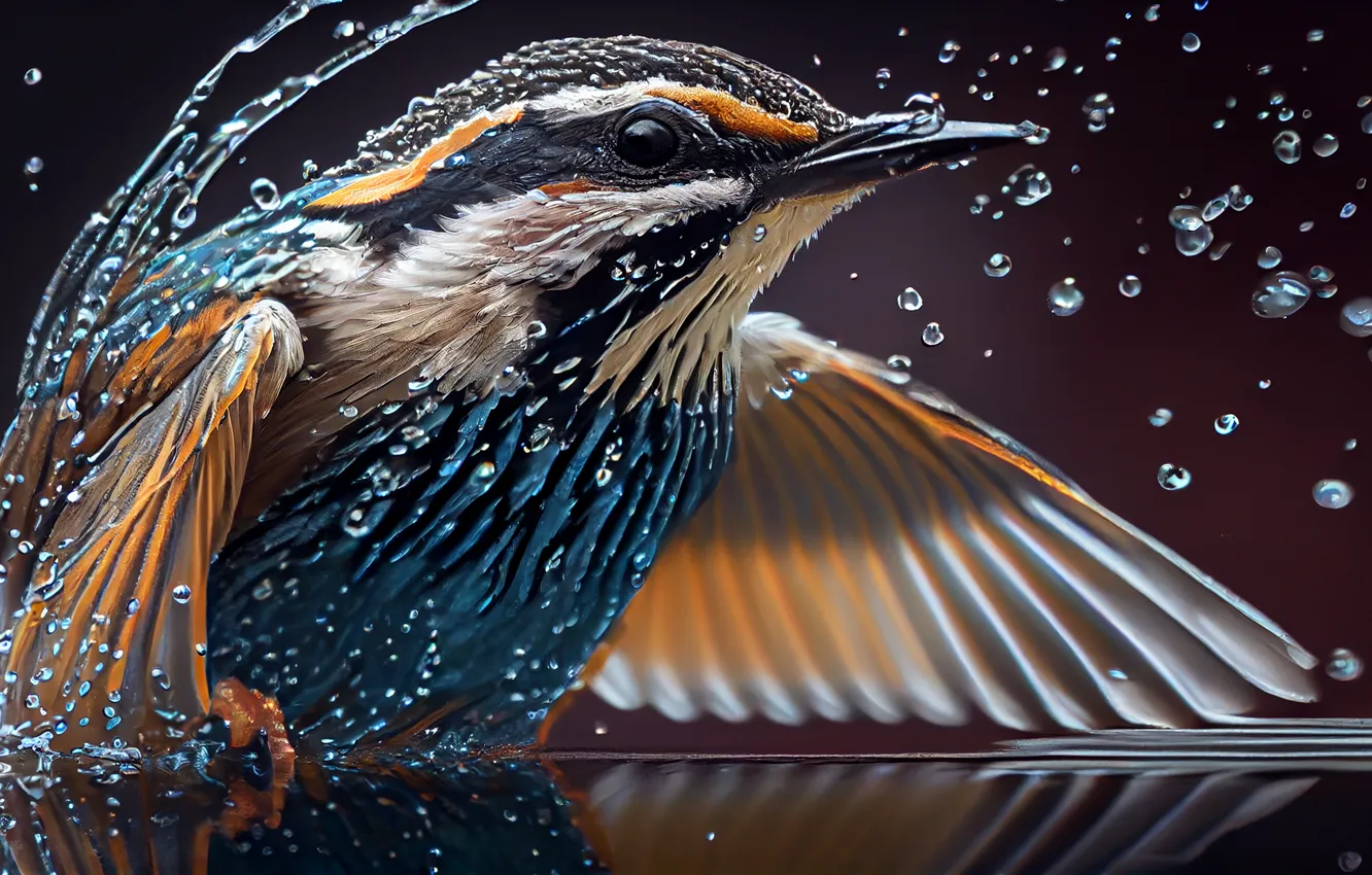 Photo wallpaper Water, Bird, Wings, Squirt, The dark background, Digital art, AI art, The Art of Artificial …