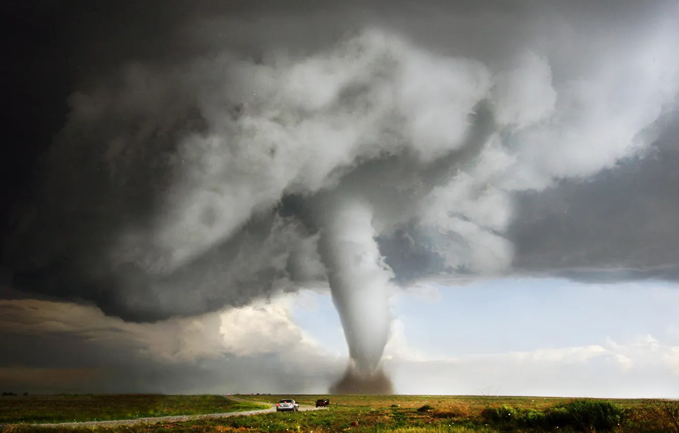 Photo wallpaper road, field, tornado, hurricane, tornado, USA