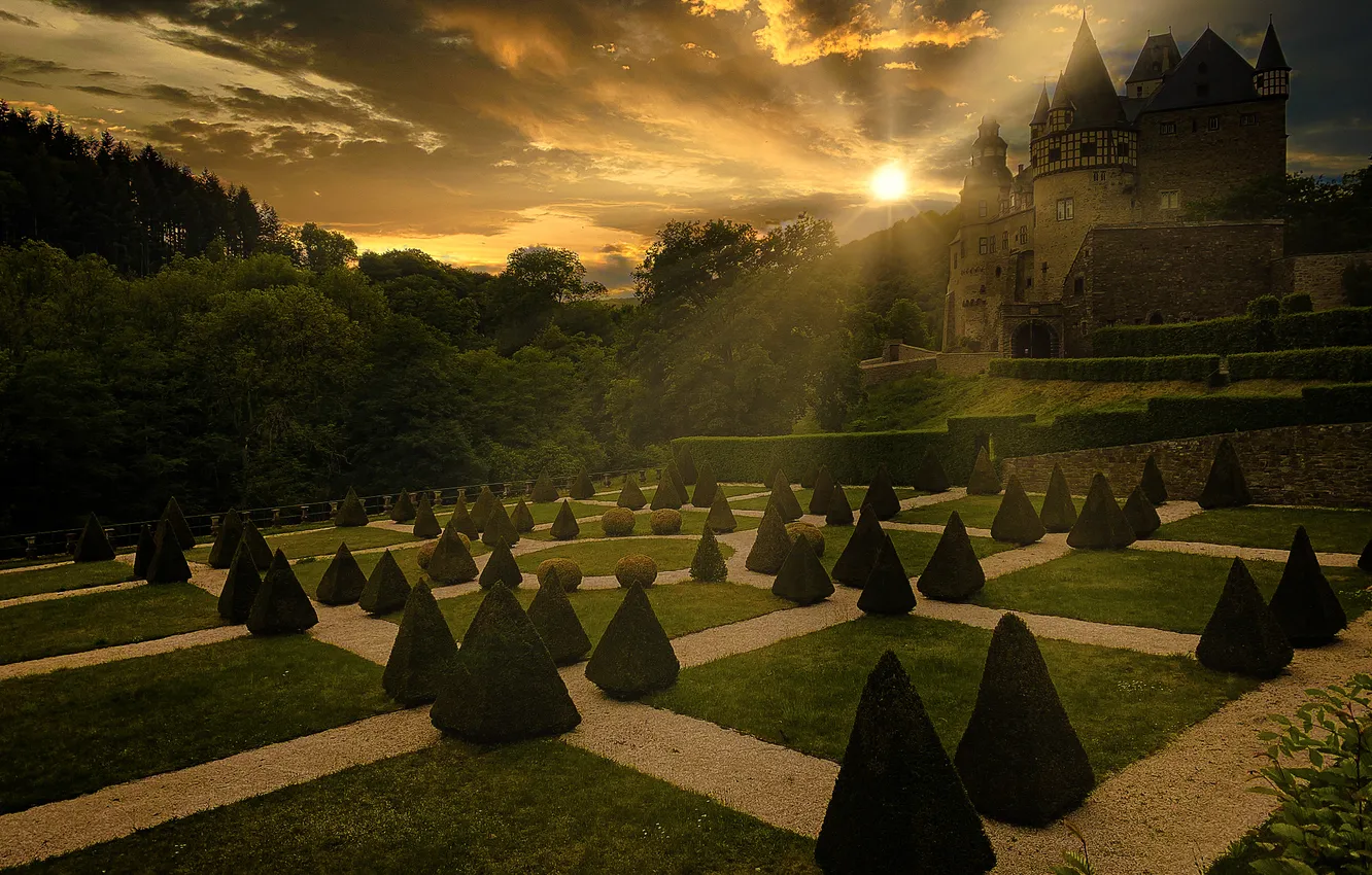 Photo wallpaper the sun, clouds, trees, Park, castle, plant, Germany, garden
