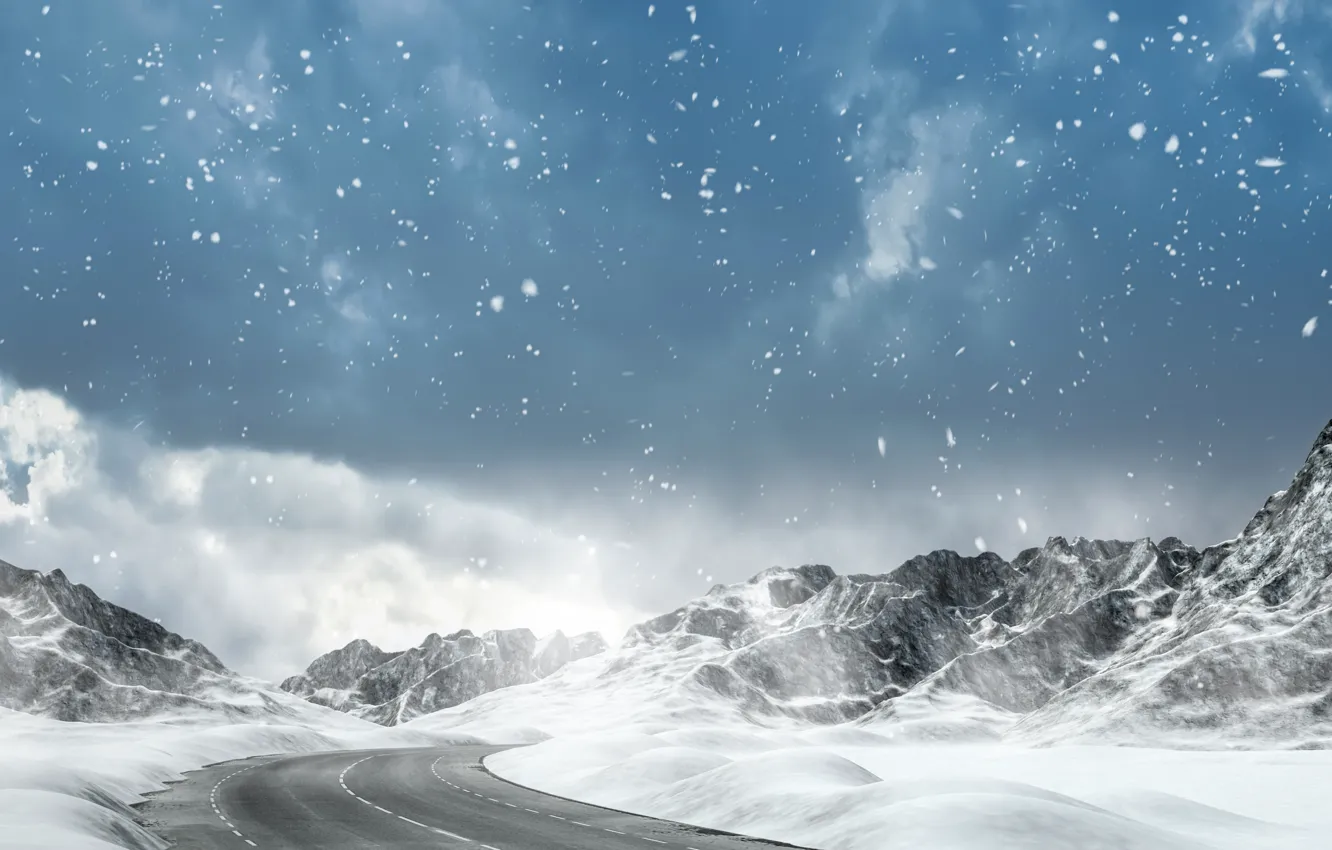 Photo wallpaper winter, road, the sky, clouds, snow, mountains, snowflakes, highway