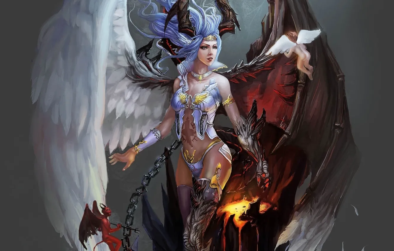 Photo wallpaper wings, angel, armor, chain, lava, hell, devil, angel and demon