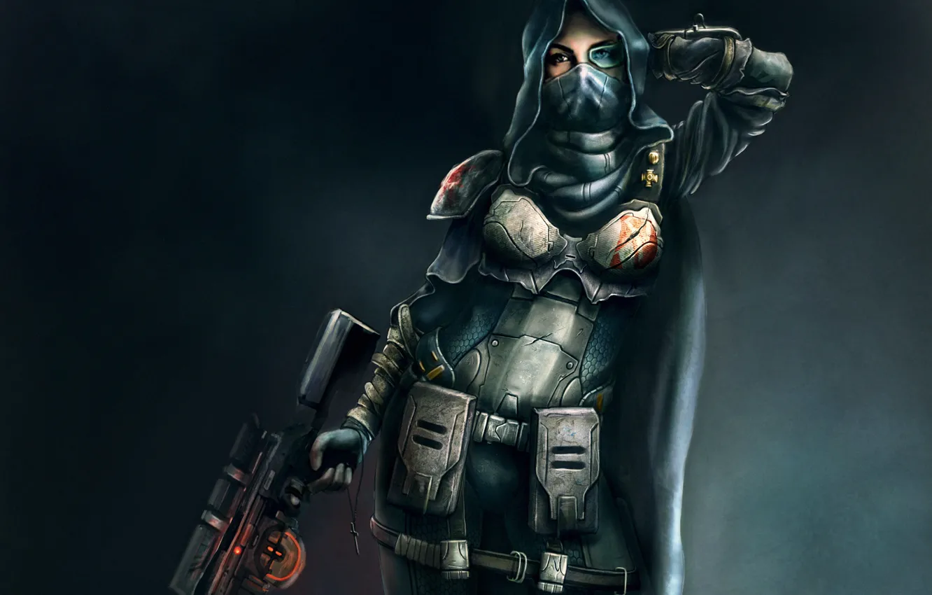 Photo wallpaper girl, weapons, art, hood, armor, sniper, cloak, rifle