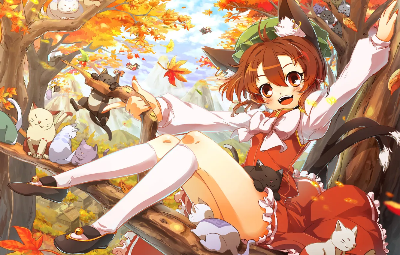Photo wallpaper autumn, cats, mountains, tree, anime, town, neko