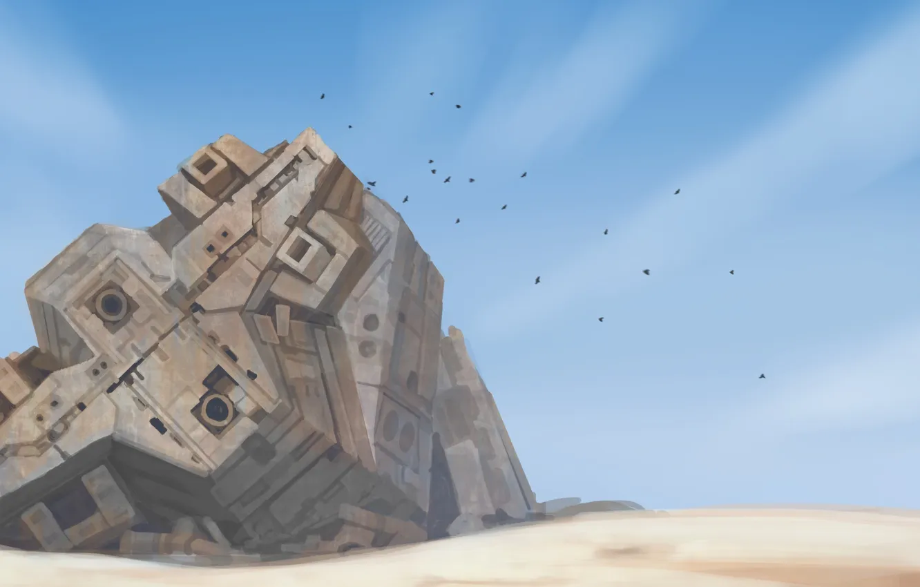 Photo wallpaper sand, bird, desert, ship, the crash, art, space