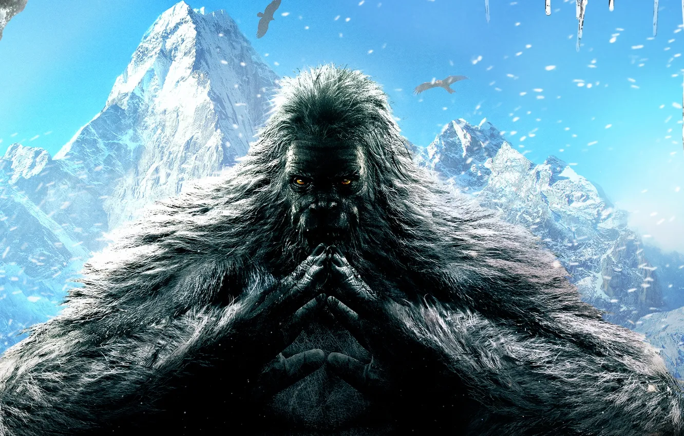 Photo wallpaper look, clouds, snow, mountains, bird, gorilla, fur, Ubisoft