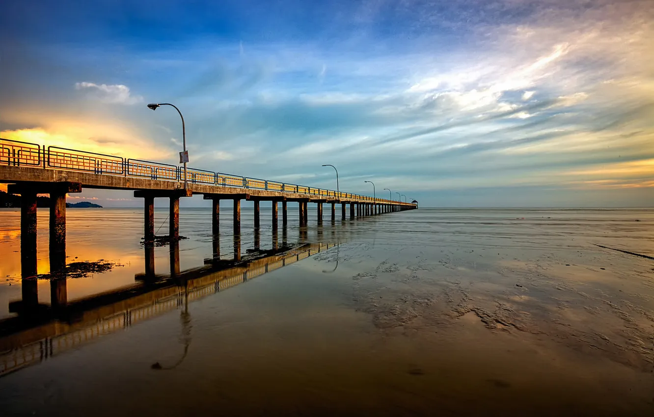 Photo wallpaper sea, the sky, clouds, sunset, shore, tide, pierce