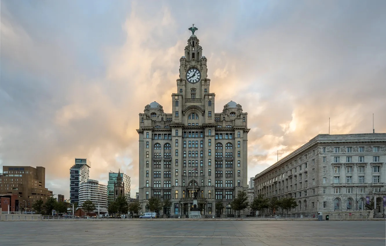 Photo wallpaper city, bird, liverpool, architecture, clock, building, royal, travel