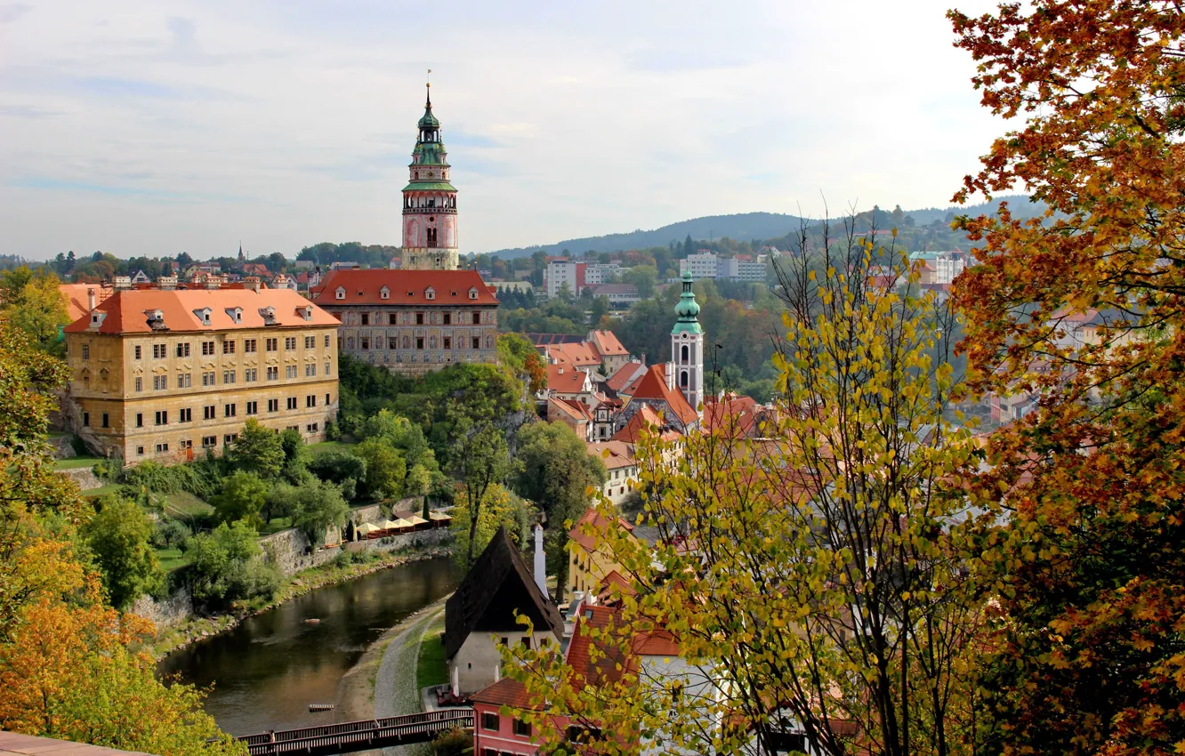 Photo wallpaper autumn, trees, branches, bridge, the city, home, Czech Republic, river