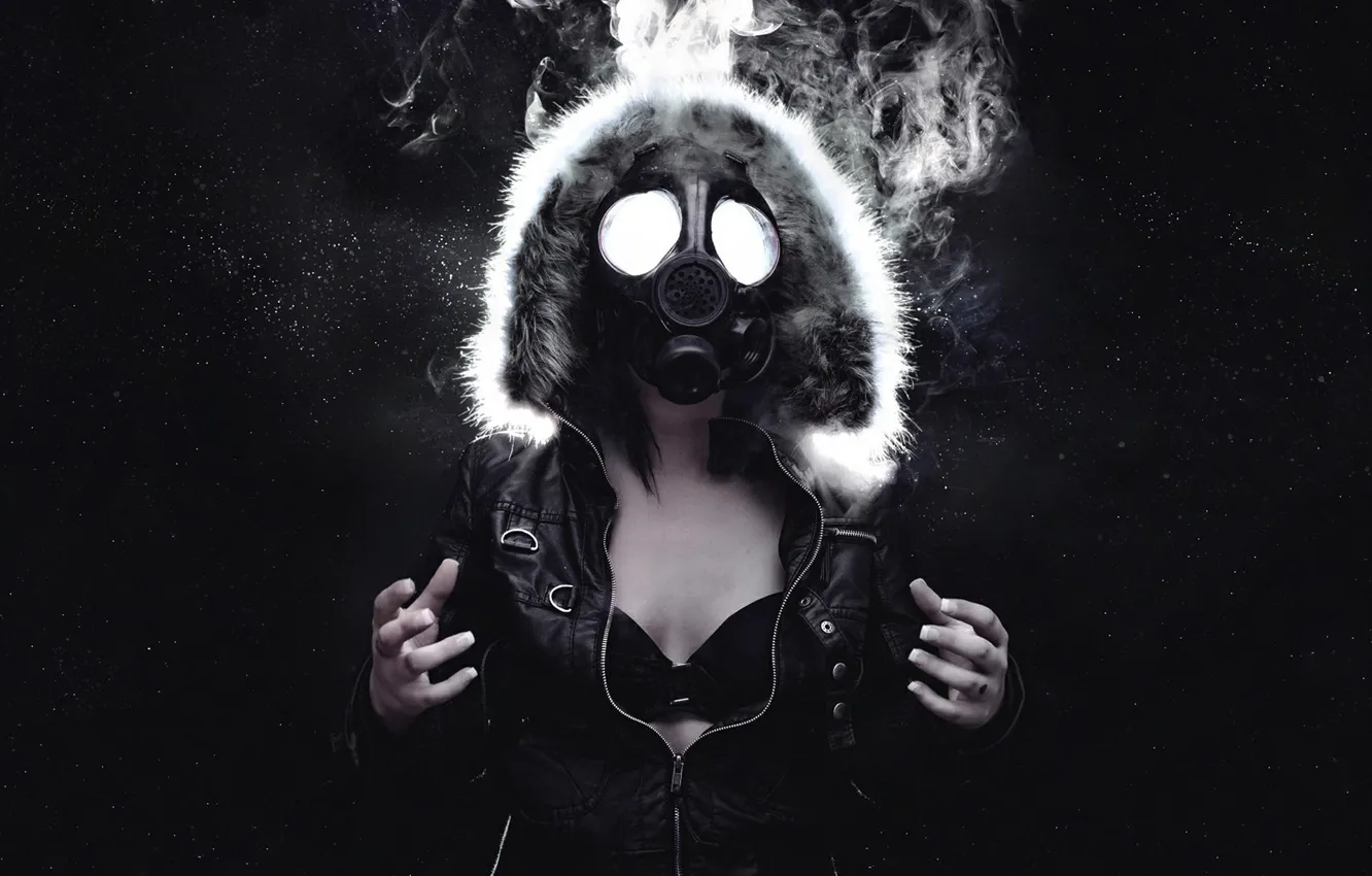 Photo wallpaper girl, space, stars, smoke, jacket, hood, gas mask
