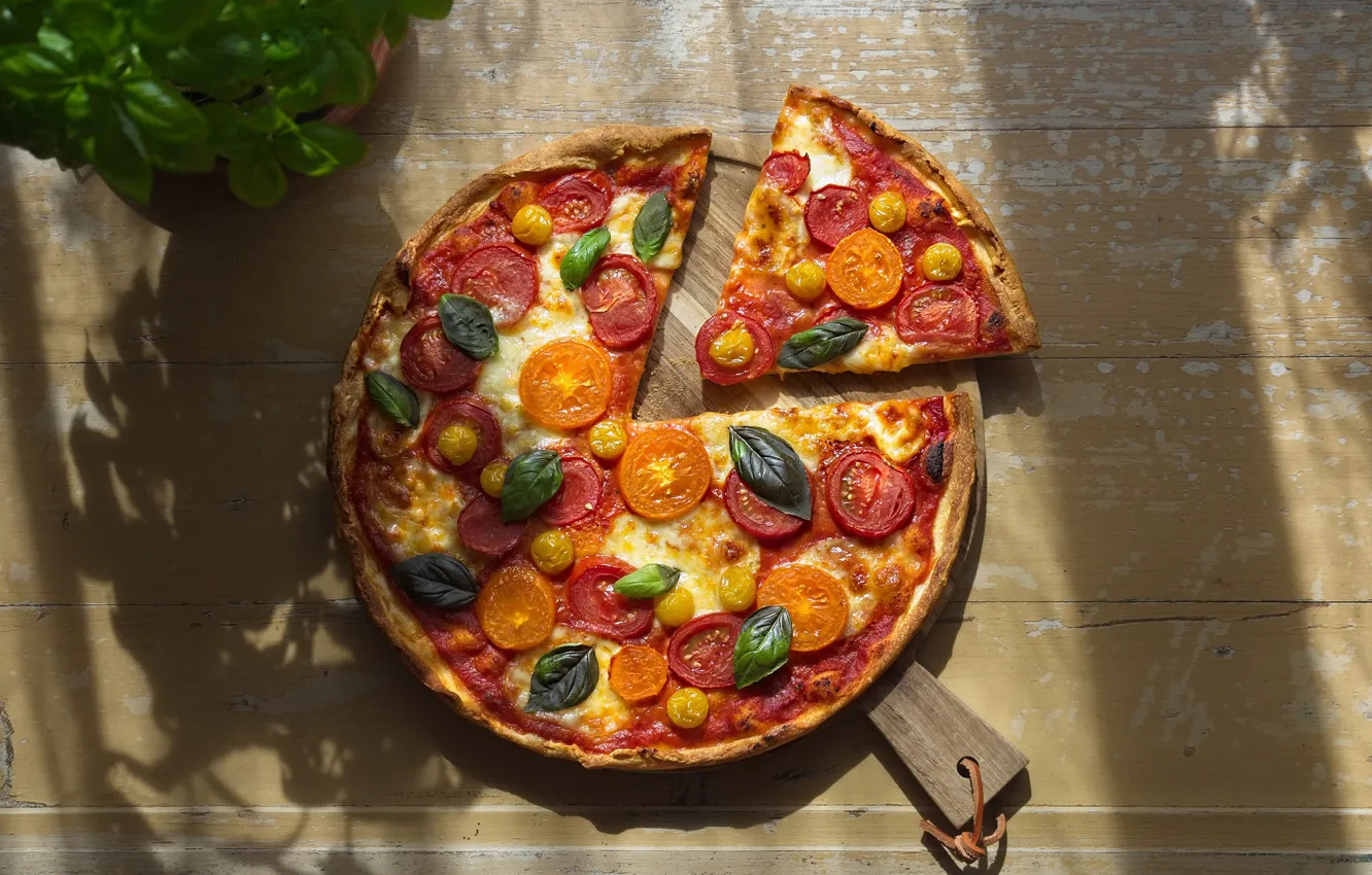 Photo wallpaper light, Board, pizza, tomatoes