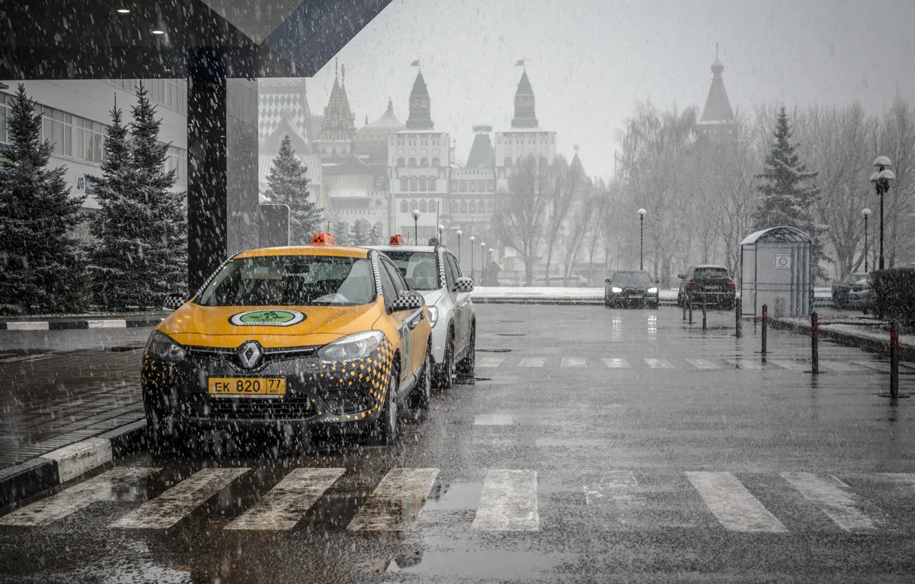 Photo wallpaper snow, the city, street, Moscow, taxi, Moskow