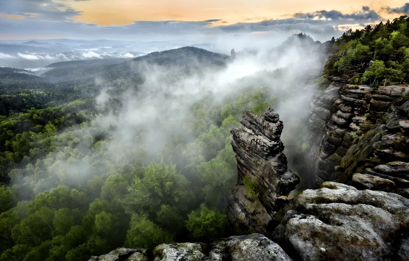 Photo wallpaper mountains, nature, fog