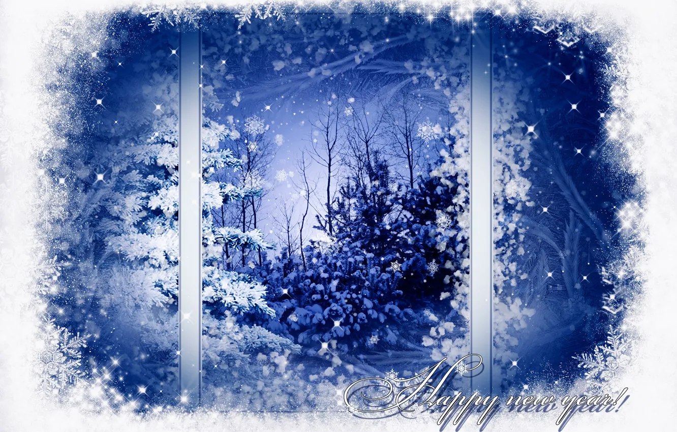 Photo wallpaper winter, snow, trees, snowflakes, pattern, tree, window, New year