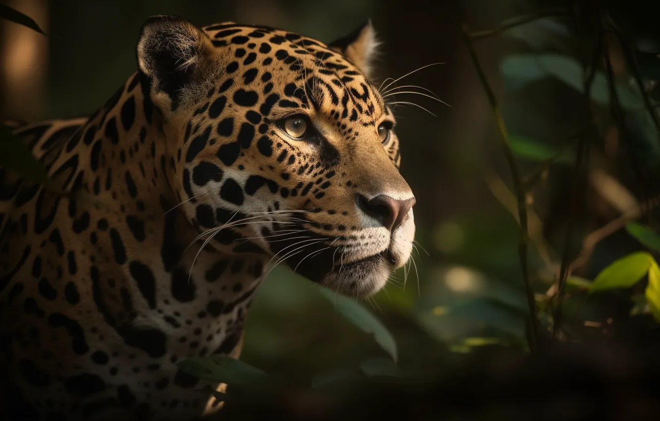 Photo wallpaper Look, Jaguar, Face, Predator, Digital art, Big cat, Spotted, AI art