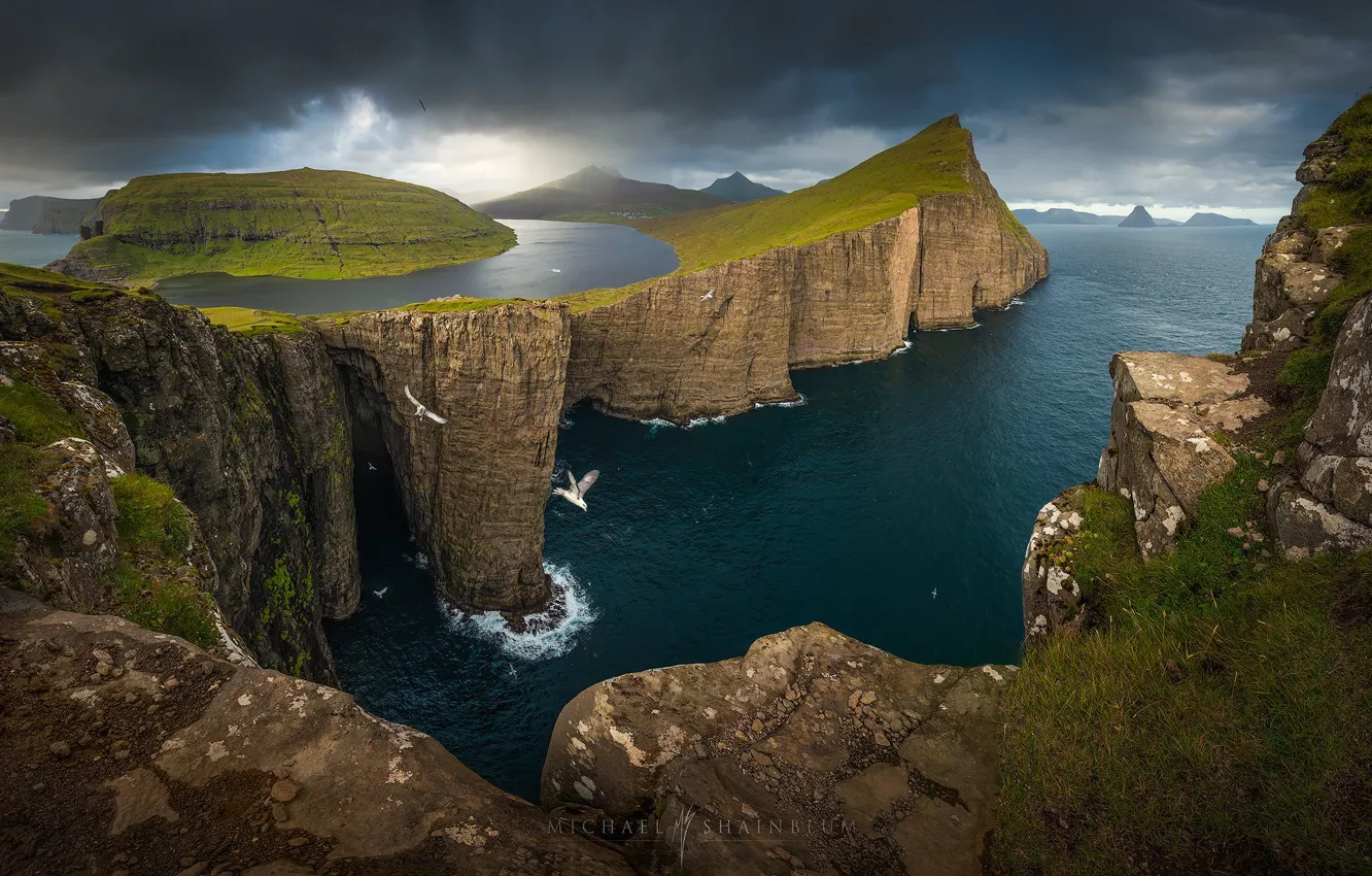 Photo wallpaper sea, the sky, clouds, mountains, Faroe Islands, Michael Sheinblum, Faroe Island Airways