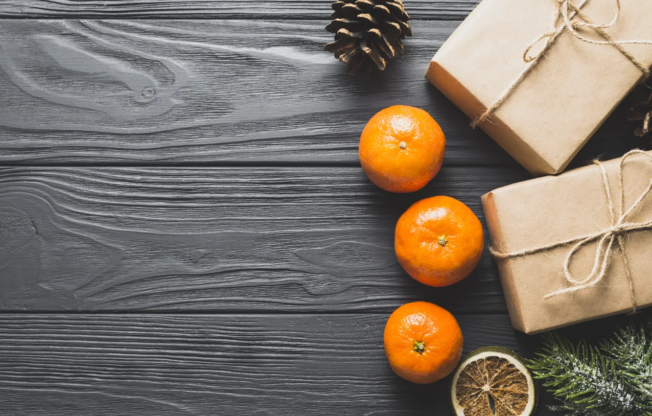 Photo wallpaper branches, box, gift, Board, new year, rope, Christmas, citrus