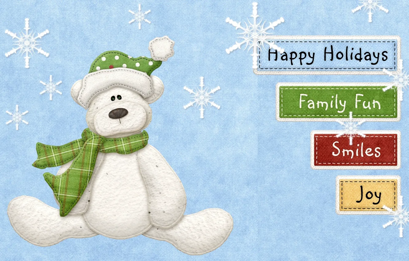 Photo wallpaper snowflakes, smile, labels, holiday, family, bear, fun