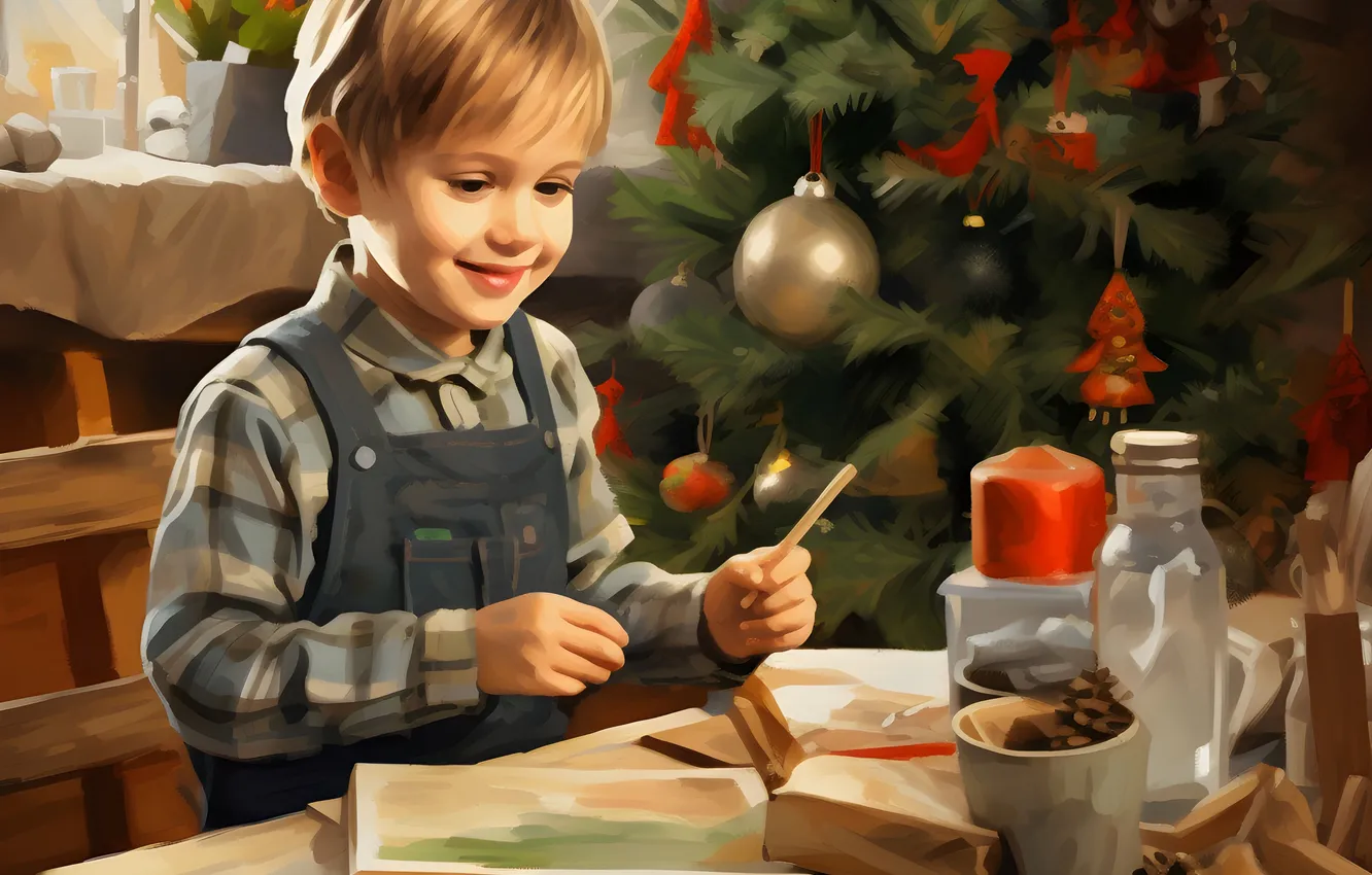 Photo wallpaper joy, smile, table, tree, new year, boy, Christmas, book