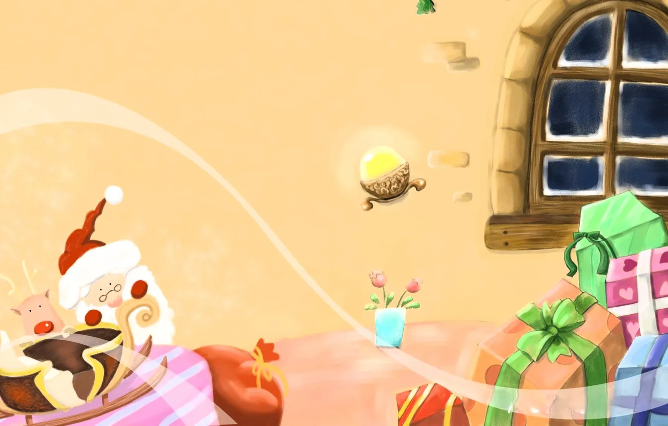 Photo wallpaper gift, window, Santa Claus, bag